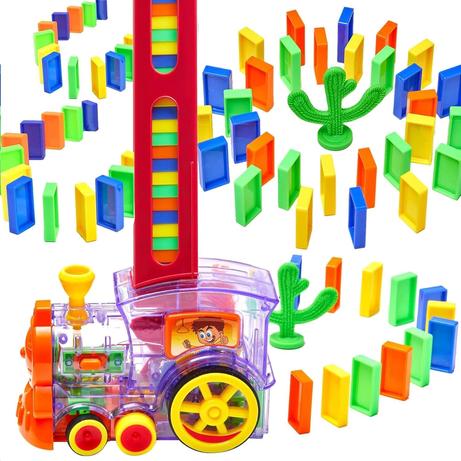Dominoes Funny Train Mega Pack 40 pcs Domino Train Toy Set, Domino Rally Train Model with Lights and Sounds Construction and Stacking Toys for Kids 3+Age